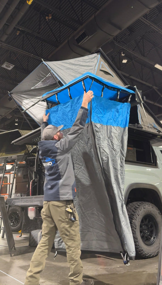 Ultimate Camp Shower Set: Hard Case Shower/Bathroom Awning + 90 Degree Swing Out Dirtbox Overland