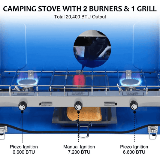 Camplux Propane Camping Stove 2 Burners & 1 Grill, 20,400 BTU Auto-Ignition Camplux
