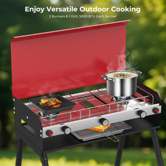 Camplux Propane Camping Stove 2 Burners & 1 Grill, 15,000 BTU Auto-Ignition Camplux