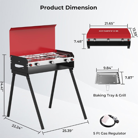 Camplux Propane Camping Stove 2 Burners & 1 Grill, 15,000 BTU Auto-Ignition Camplux
