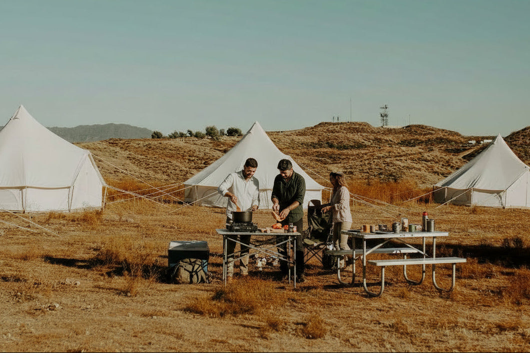 Three white bell tents in a desert landscape with mountains in the background.