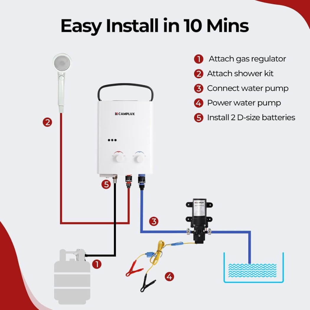 Camplux AY132P43 Portable Propane Water Heater Pump Kit Camplux