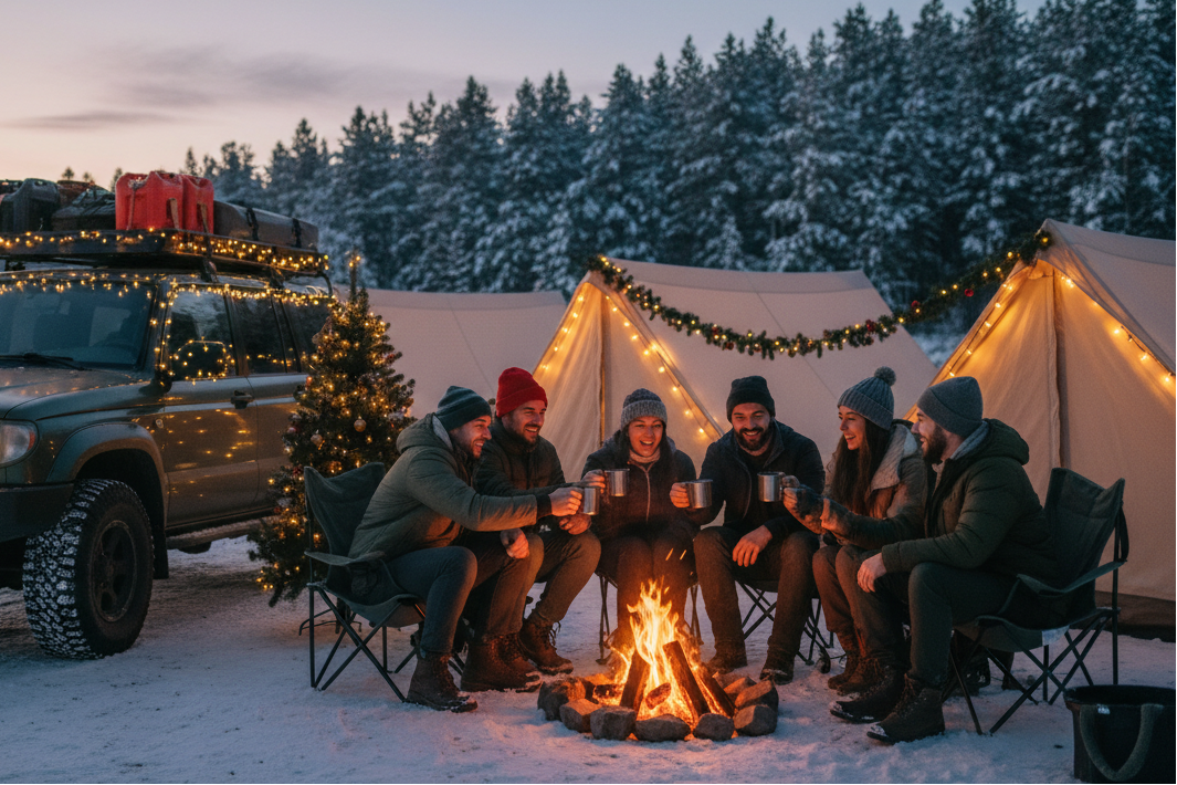 people camping together with tents in the background and an overlanding vehicle. Make it Christmas themed